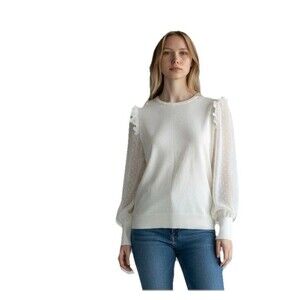 CeCe By Cynthia Steffe Sweater Womens Ruffle Puff Sheer Heart Sleeve Ivory Small